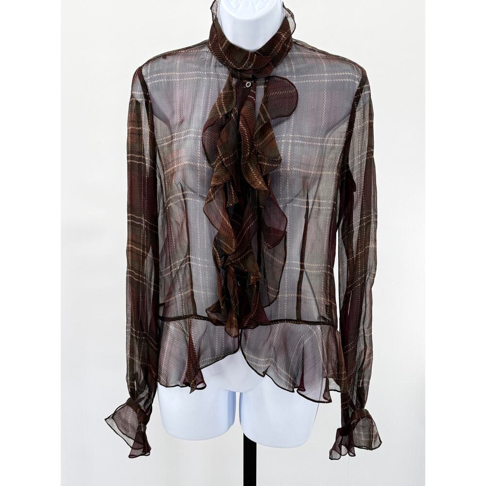 New! Vtg Lauren Ralph Lauren Silk Sheer Plaid Ruffle Button 6 Shirt Old Money